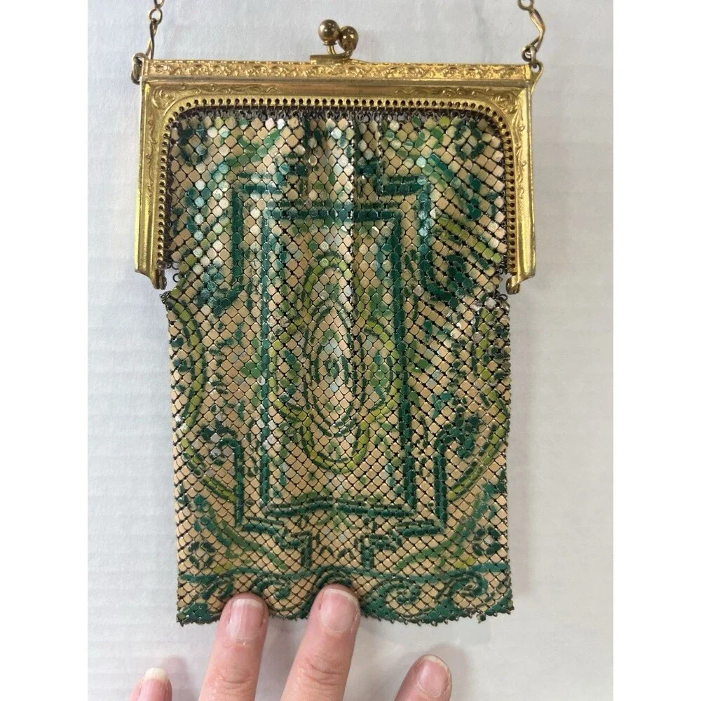 Antique Art Deco 1920's Whiting & Davis Enameled Mesh Flapper Purse Green Gold